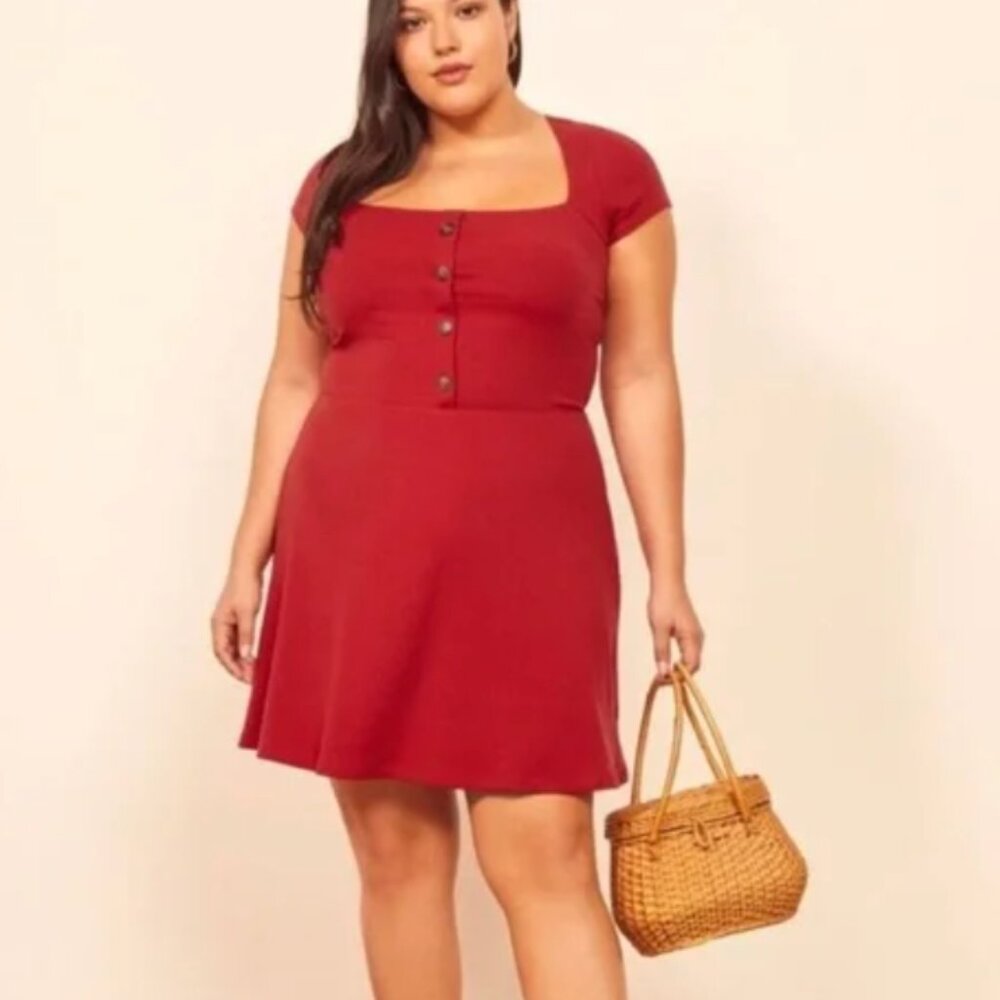 Reformation Jeans Cherry Red Ribbed Square Neck Short Sleeve Lizzy Dress 1X